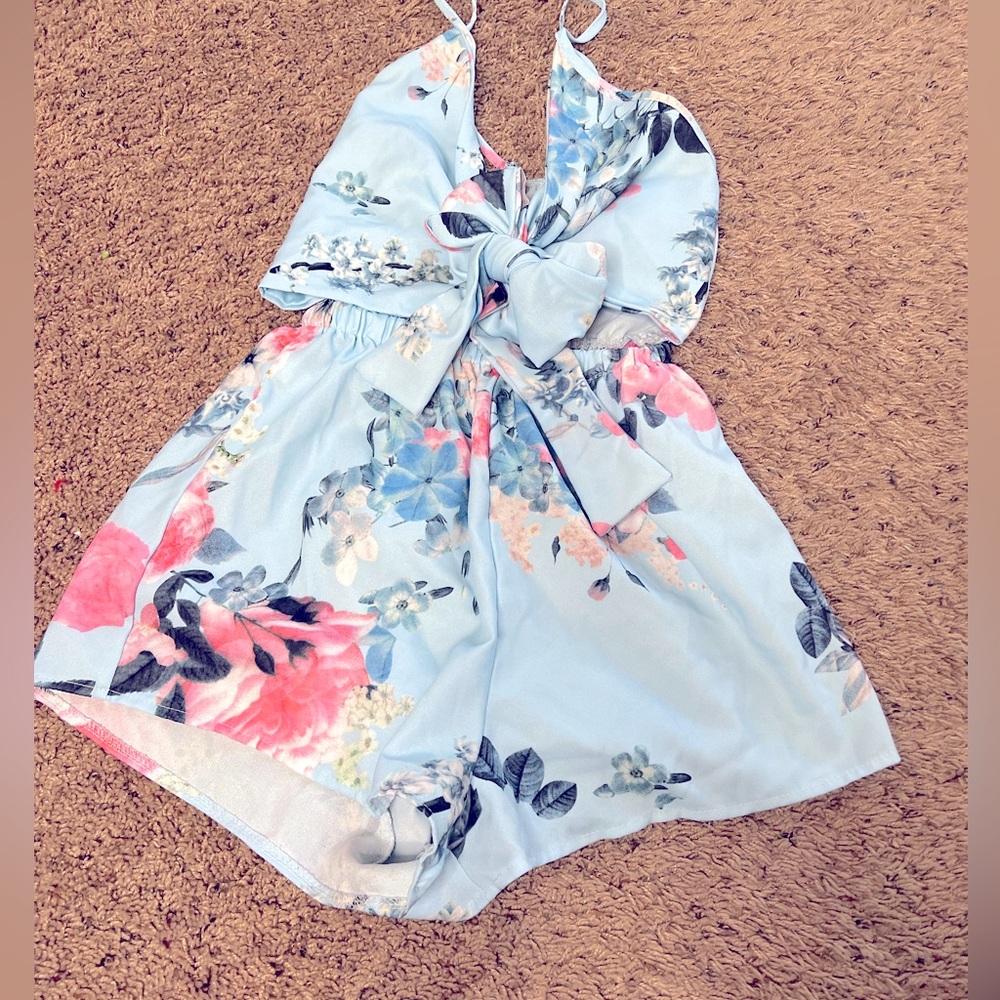 Blue Floral Romper with Tie-able bow on Front